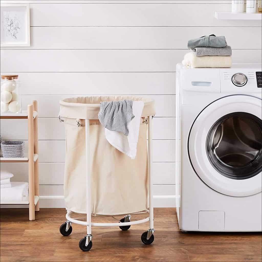Basics Commercial Round Laundry Hamper Rolling Cart with Removable Basket Liner Beige